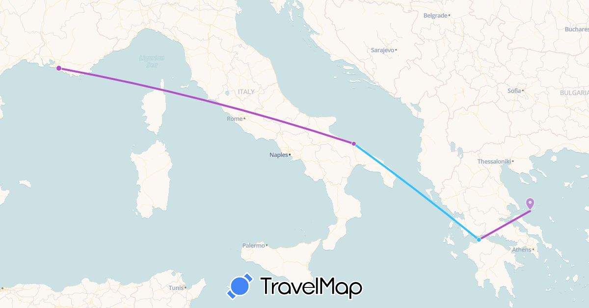 TravelMap itinerary: driving, train, boat in France, Greece, Italy (Europe)